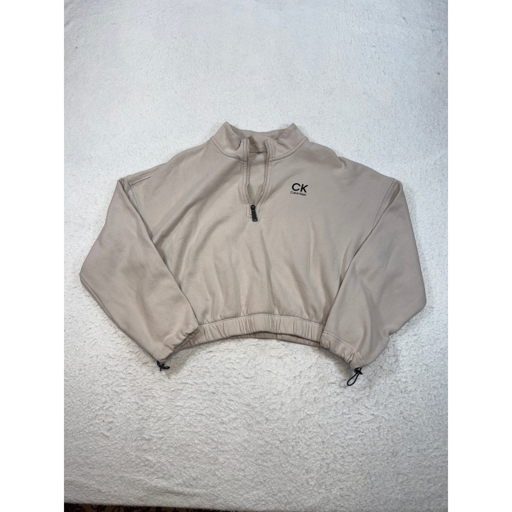 Calvin Klein Performance Womens Large Beige Tan Quarter Zip Cropped Sweatshirt